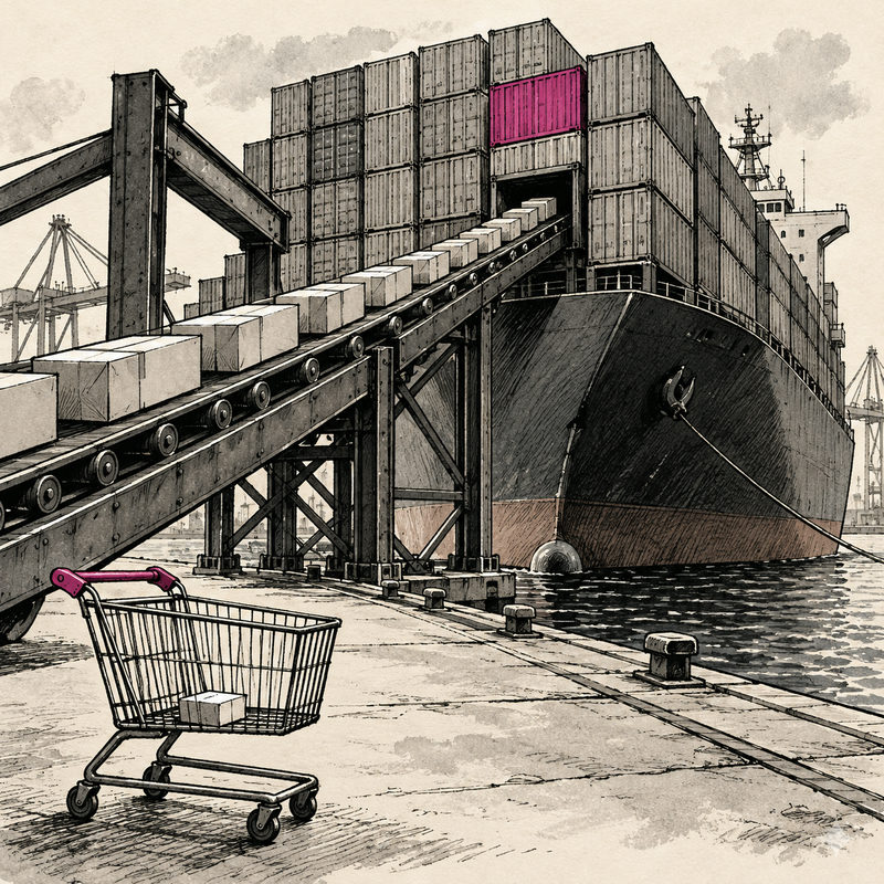 A conveyor carries boxes into a huge container ship while a nearly empty shopping cart stands below; magenta highlights one container and the cart handle.