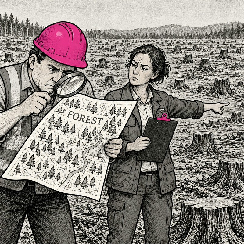 Democrawonk — A construction manager studies a map labeled “FOREST” while an inspector points to a landscape of tree stumps.