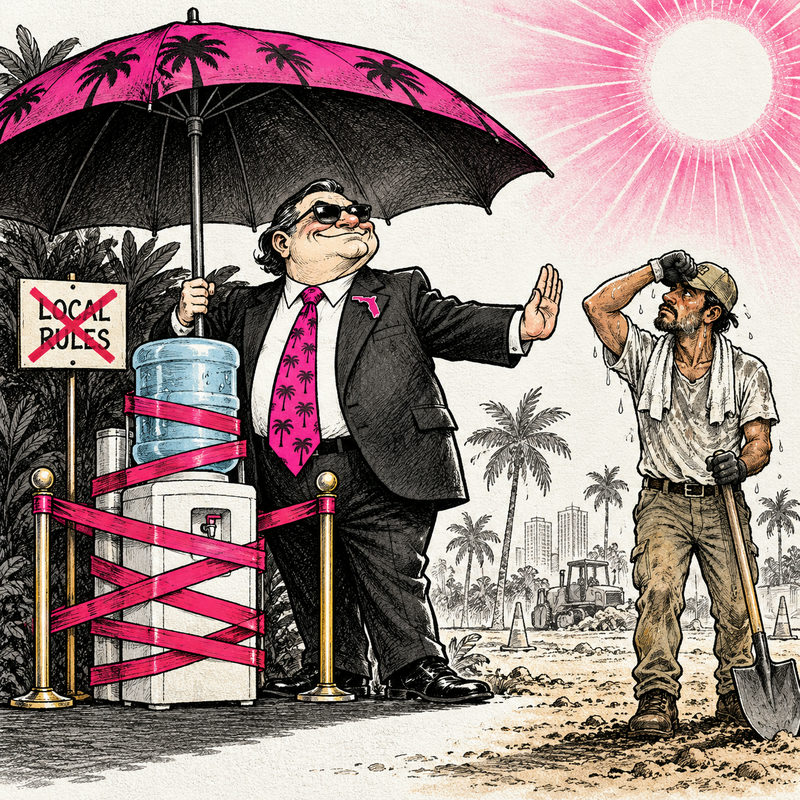 Editorial cartoon of a Florida lawmaker guarding a shaded water cooler with red tape while an outdoor worker stands in the sun.