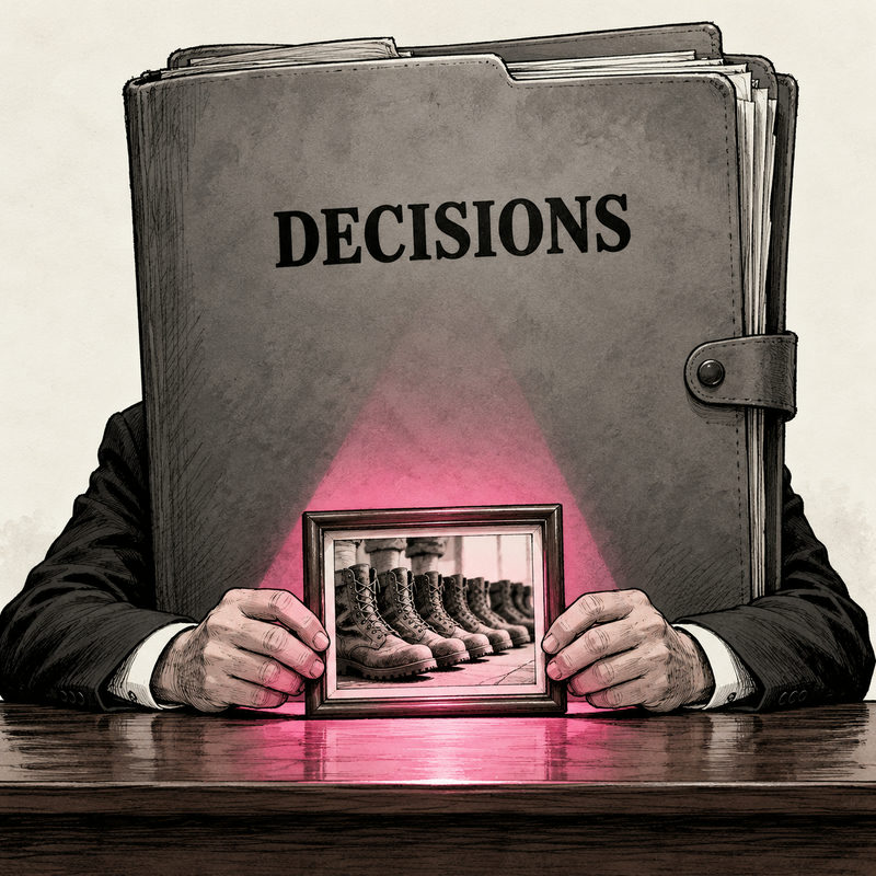 Cartoon of an official hidden behind a giant closed DECISIONS folder, holding a small illuminated photograph of military boots.