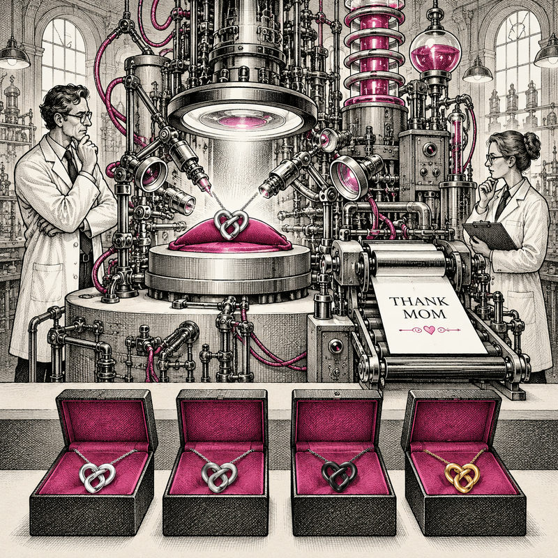 Democrawonk — Two technicians oversee an elaborate machine around a pendant that prints THANK MOM, above four pink-lined boxes holding differently colored pendants.