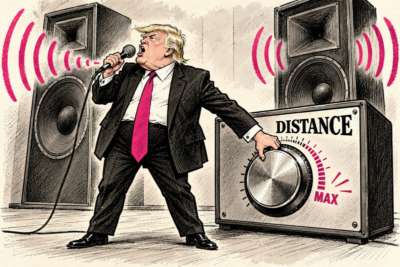 In an imaginary sound check, Trump speaks into a microphone while turning an enormous Distance volume knob beside booming speakers.