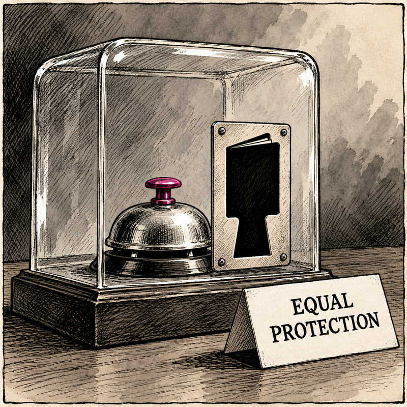 An EQUAL PROTECTION desk bell sits under a glass cover with a passport-shaped keyhole and pink button.