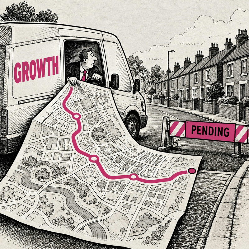 Democrawonk — A GROWTH delivery van stops beside an oversized pink route map and a PENDING barrier before a row of British terraced homes.