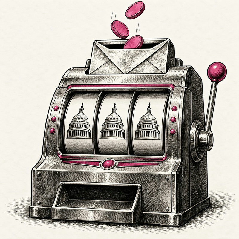Democrawonk — Pink coins fall into an envelope atop a gambling machine with capitol domes on its reels.