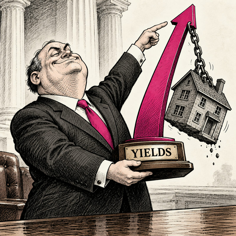 A smug official holds a pink upward-arrow trophy marked YIELDS, with a house hanging from it by a chain.