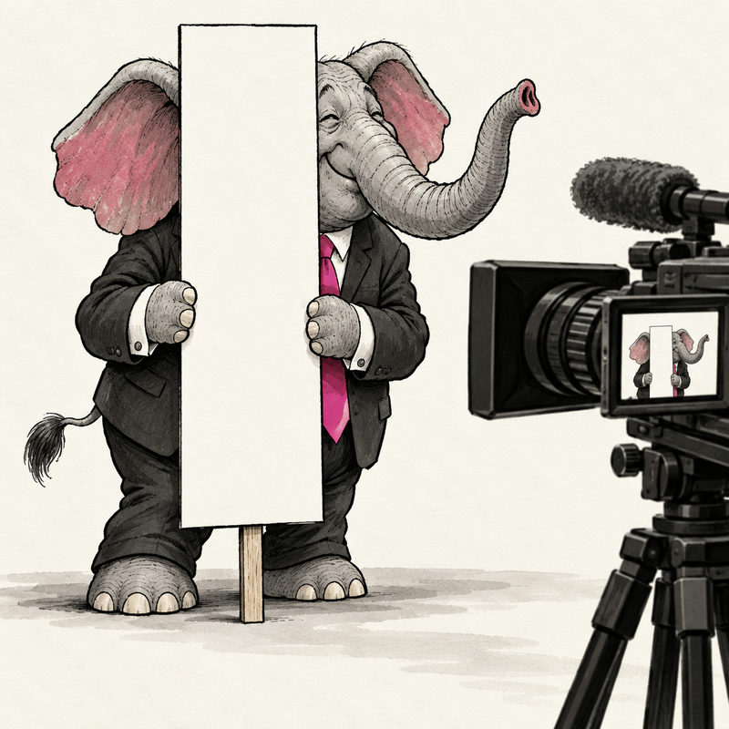 A Republican elephant hides behind a narrow blank campaign sign while a TV camera captures its unmistakable ears and trunk.