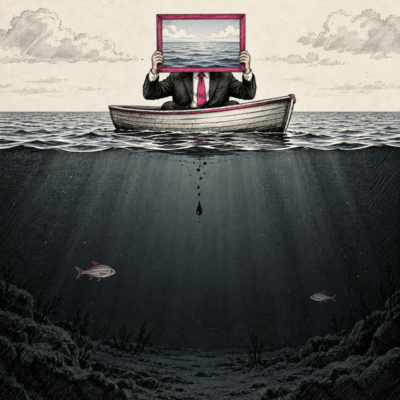 A suited figure in a boat hides behind a framed picture of calm water while a cutaway below shows a dark droplet and two widely separated fish.