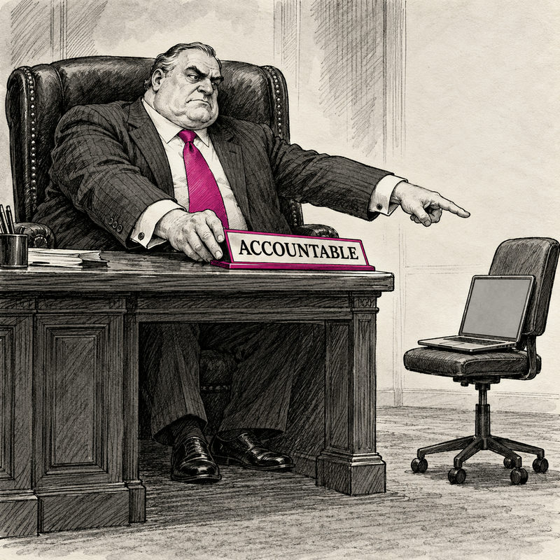 Editorial cartoon of a large executive pushing an Accountable nameplate toward a laptop on a small office chair.