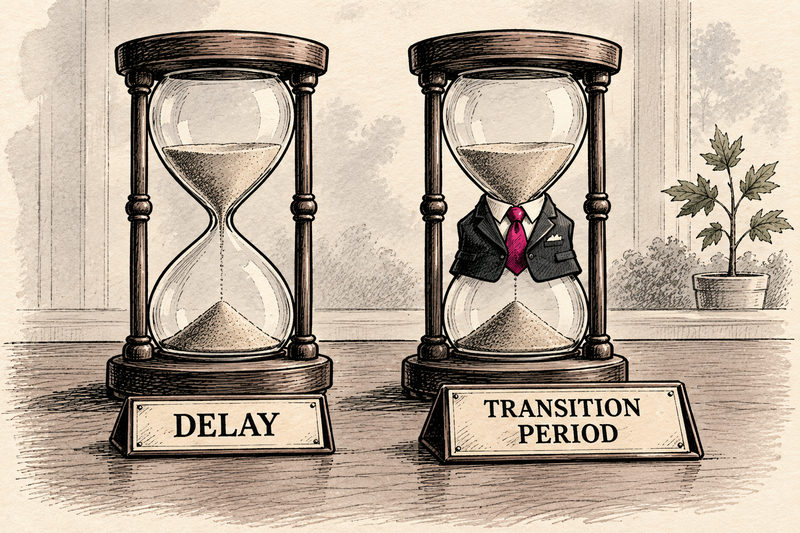Two matching hourglasses labeled Delay and Transition Period; the latter wears a small suit and magenta tie.