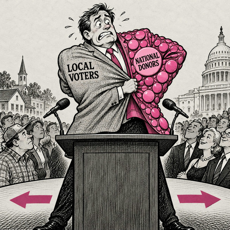 Democrawonk — A Senate candidate twists a jacket labeled Local Voters on one side and National Donors on the other.