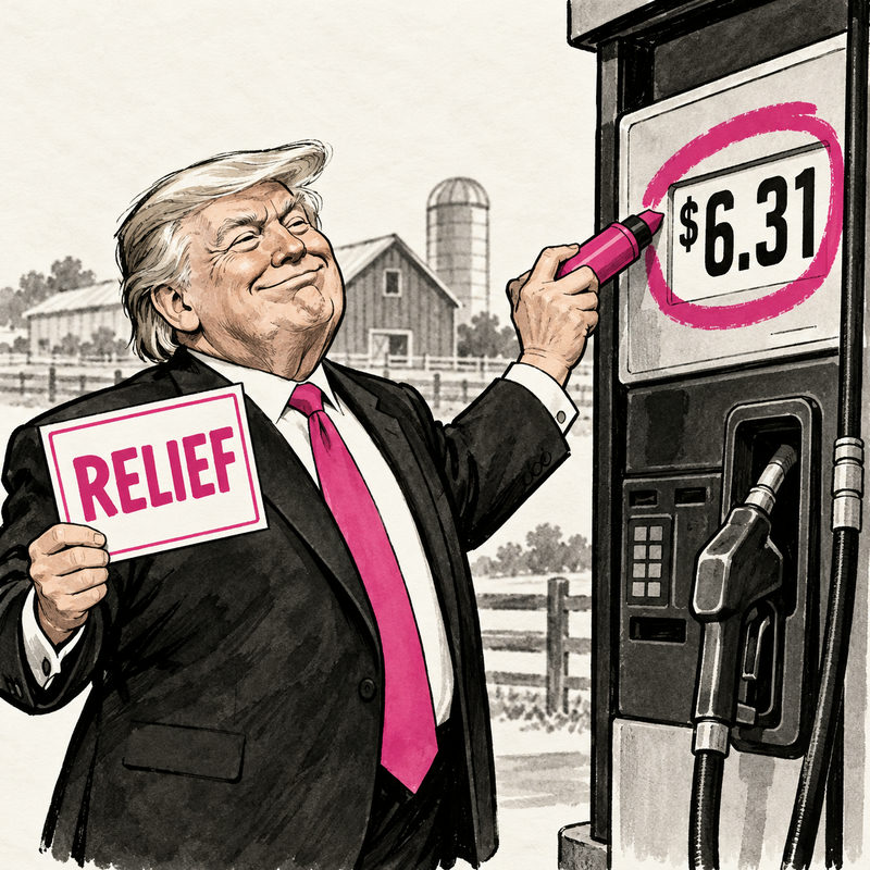 Cartoon of Trump circling a $6.31 pump price while holding a RELIEF sign.