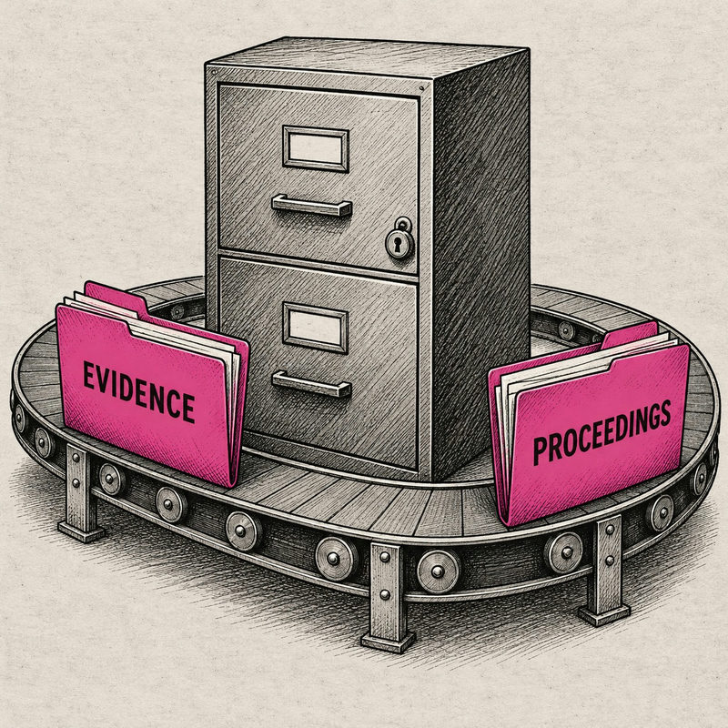 Democrawonk — Evidence and Proceedings folders circle a locked filing cabinet on a conveyor belt.