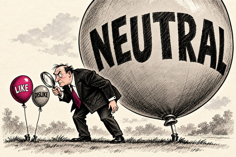A generic campaign strategist studies small LIKE and DISLIKE balloons while an enormous NEUTRAL balloon looms behind him.