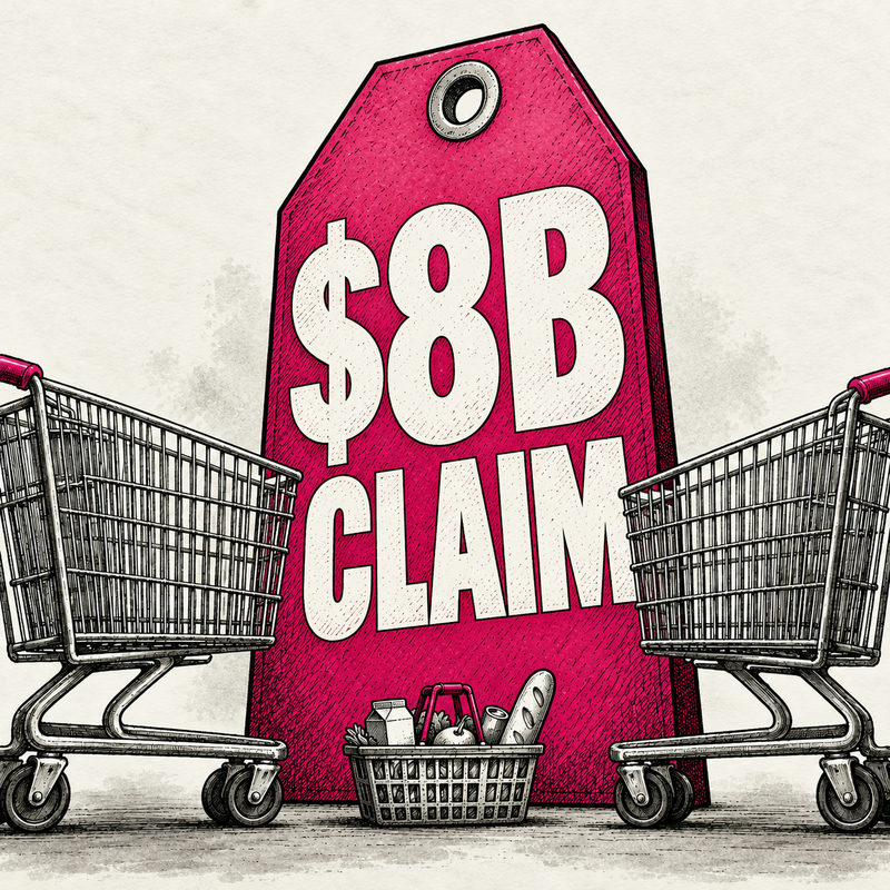 An enormous pink $8B CLAIM price tag towers between two shopping carts over a small basket of groceries.