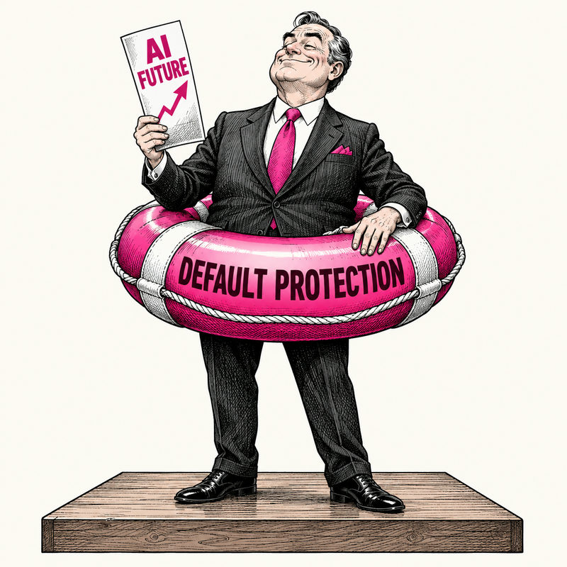 Democrawonk — A smiling investor holds an AI Future brochure while wearing an oversized pink life ring labeled Default Protection on a dry platform.