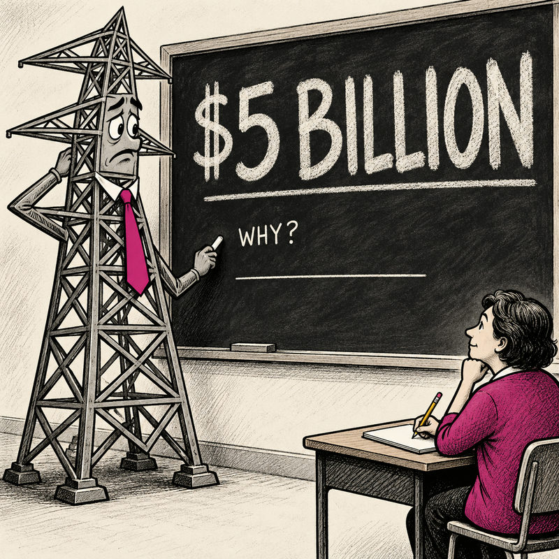 Democrawonk — A worried transmission pylon holds chalk beside a $5 BILLION total and an unanswered WHY, while an examiner waits.