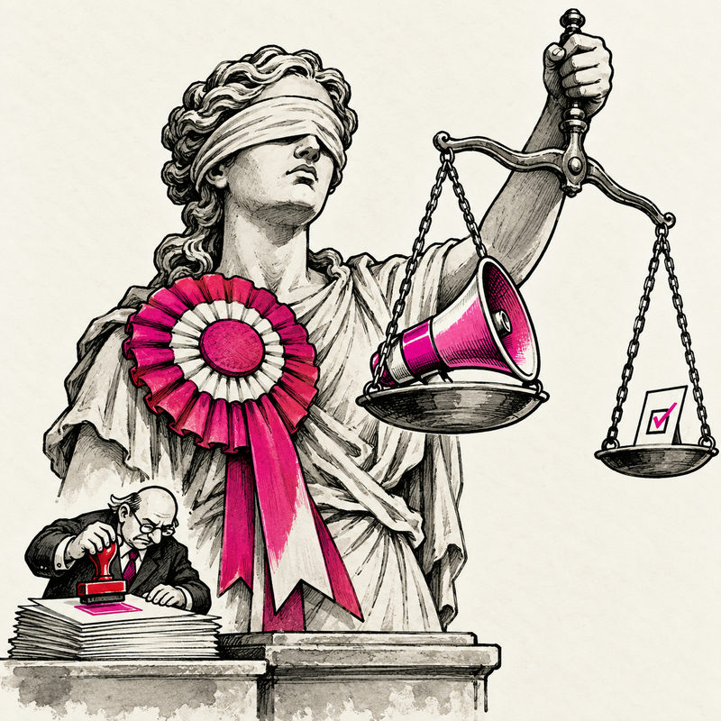 Editorial cartoon of blindfolded Lady Justice wearing a campaign rosette while her scales hold a megaphone and a ballot.
