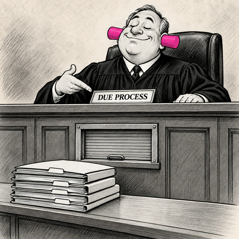 Democrawonk — A generic judge wearing oversized pink earplugs points proudly to a DUE PROCESS plaque while a stack of case folders waits below a closed service window in the bench.