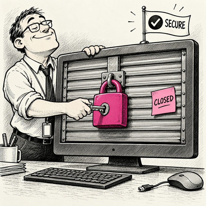 Democrawonk — An administrator locks a shutter over a computer screen marked CLOSED beneath a SECURE flag.
