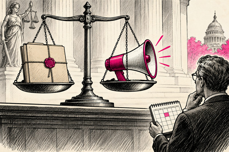 A satirical illustration contrasting a justice scale and a campaign spotlight.