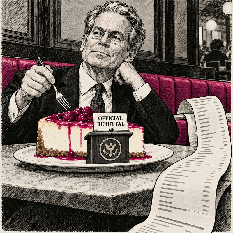 Democrawonk — Scott Bessent faces cheesecake marked Official Rebuttal while a long receipt trails off the table.