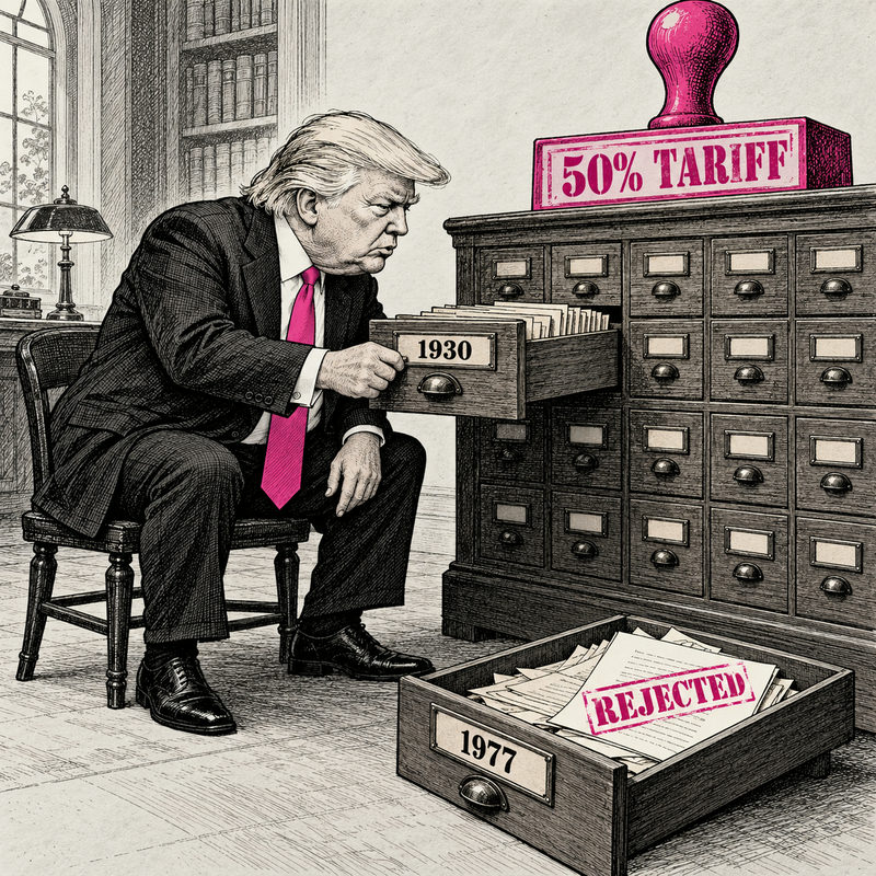 Democrawonk — Trump pulls a drawer labeled 1930 from a card catalog beneath a 50% Tariff stamp; a discarded 1977 drawer contains a Rejected paper.