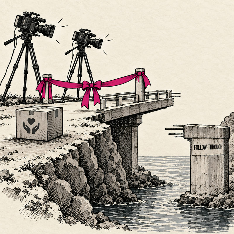 Editorial metaphor of cameras and a magenta ceremonial ribbon beside an unfinished bridge, with an aid box and a support labeled FOLLOW-THROUGH.