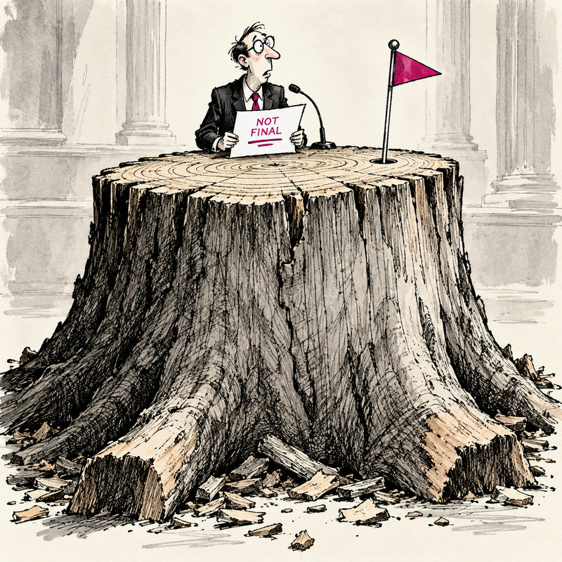 A small lawyer holds a NOT FINAL paper behind a huge tree stump used as a lectern, with a pink golf flag planted in it.