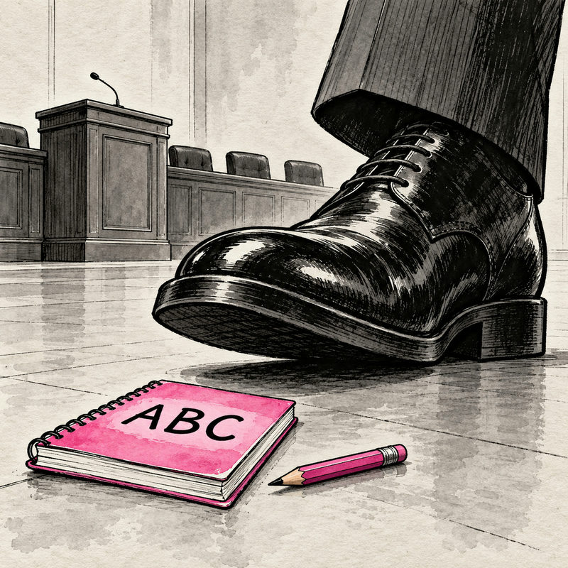 Democrawonk — An oversized polished shoe looms over a pink ABC workbook and pencil in a council chamber.