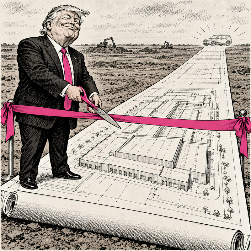 Democrawonk — Cartoon of Trump cutting a pink ribbon across a factory blueprint that stretches over unbuilt ground toward a sketched SUV.