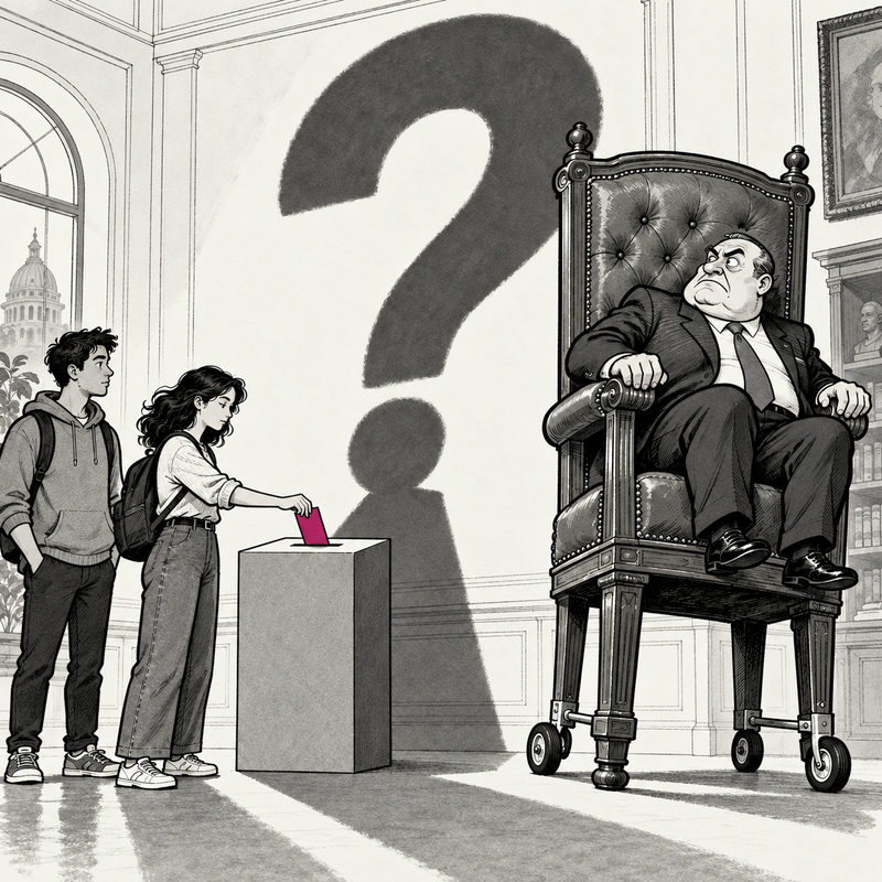 Democrawonk — Two adult students stand at a ballot box whose question-mark shadow looms over a nervous politician in an oversized wheeled chair.