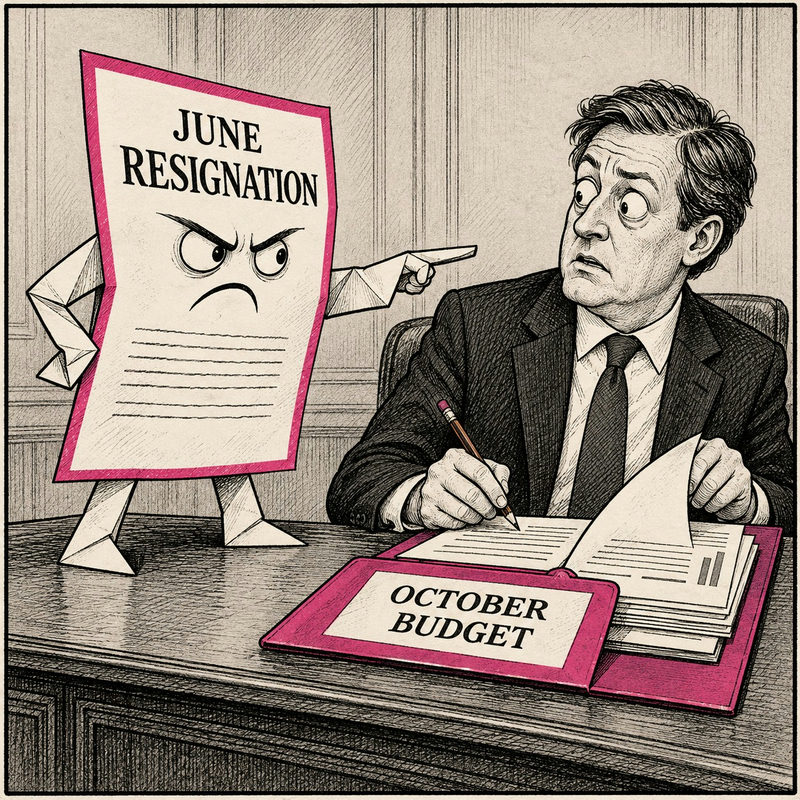 Democrawonk — An animated June resignation letter confronts a startled chancellor working on an October budget.