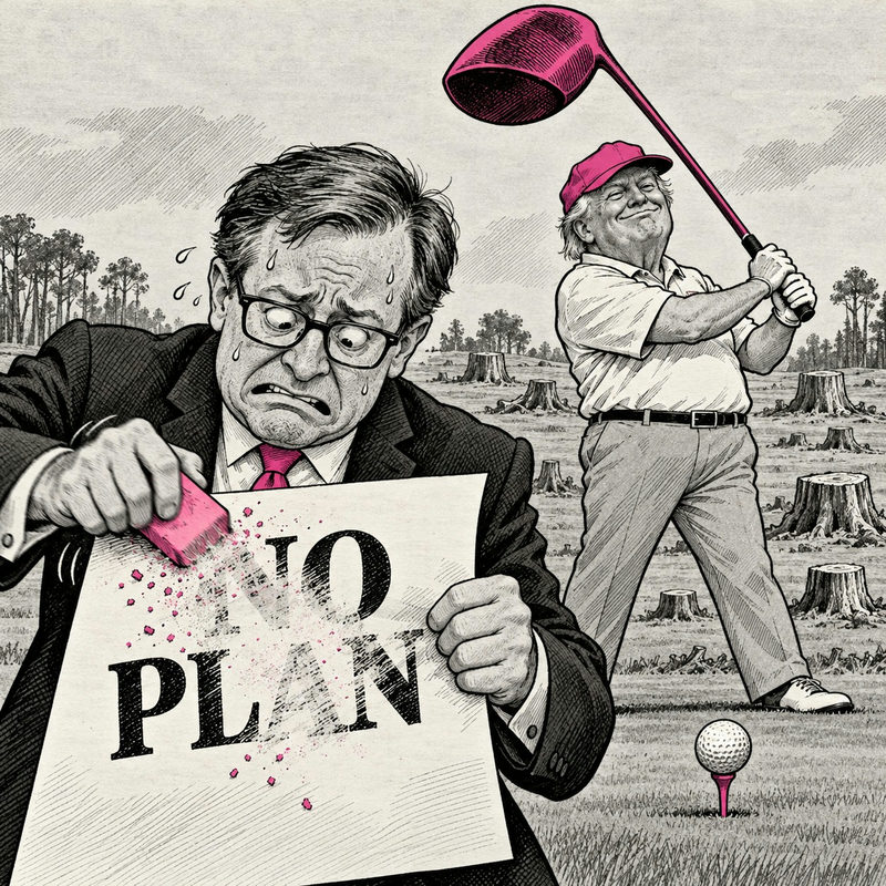 Democrawonk — A worried lawyer erases “NO PLAN” while a caricature of Trump prepares to swing an oversized golf club among tree stumps.