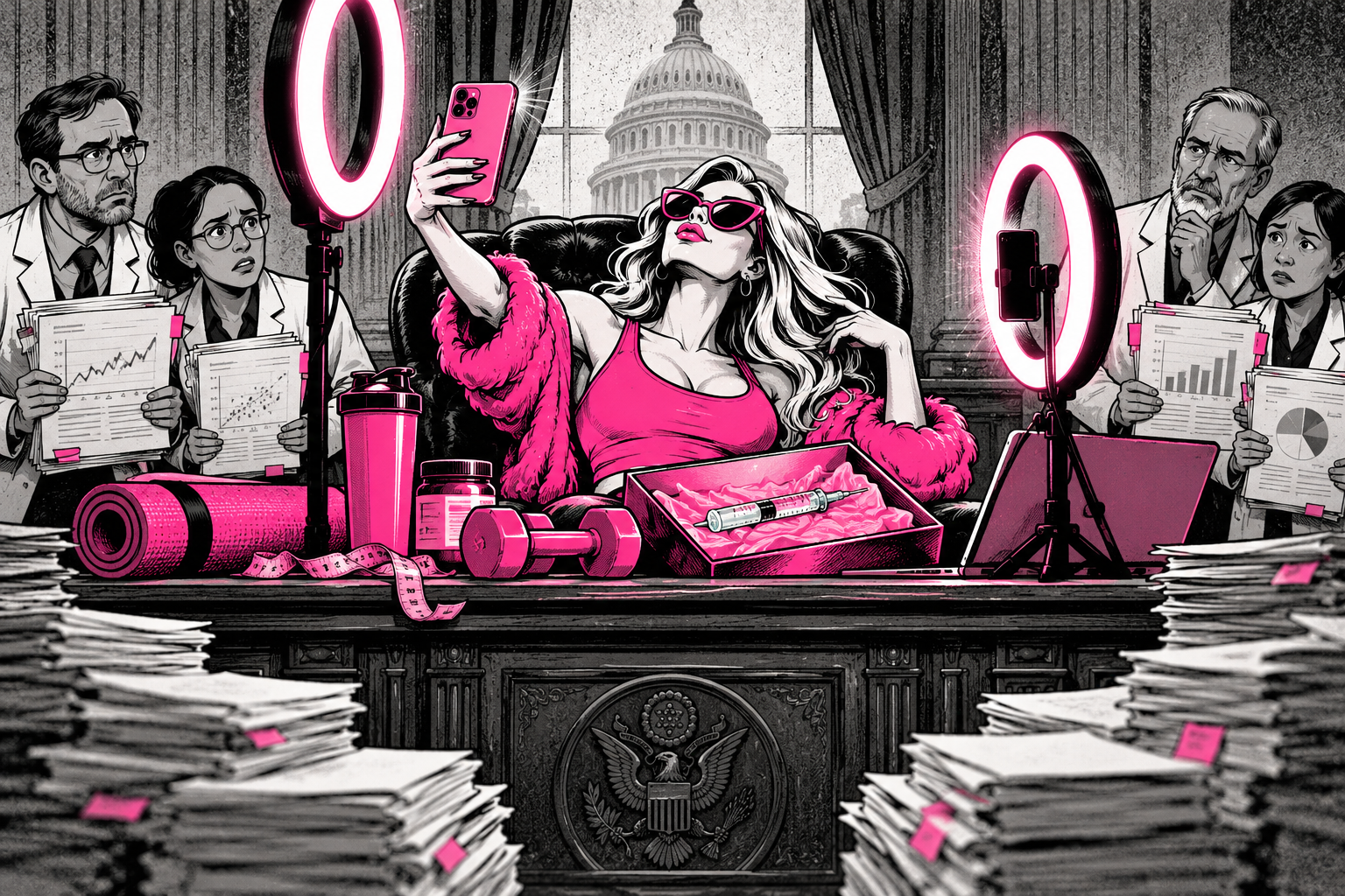 A wellness influencer films at a federal desk as scientists hold incomplete research beside an injectable product.