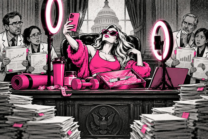 A wellness influencer films at a federal desk as scientists hold incomplete research beside an injectable product.