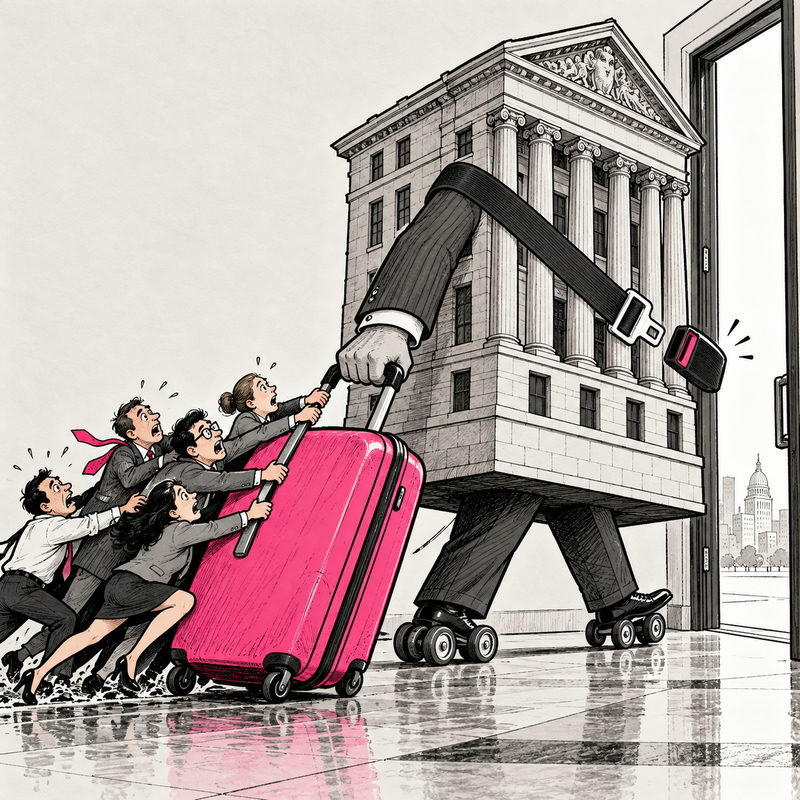 Democrawonk — A bank building on roller skates pulls a pink suitcase while office workers cling to its handle.