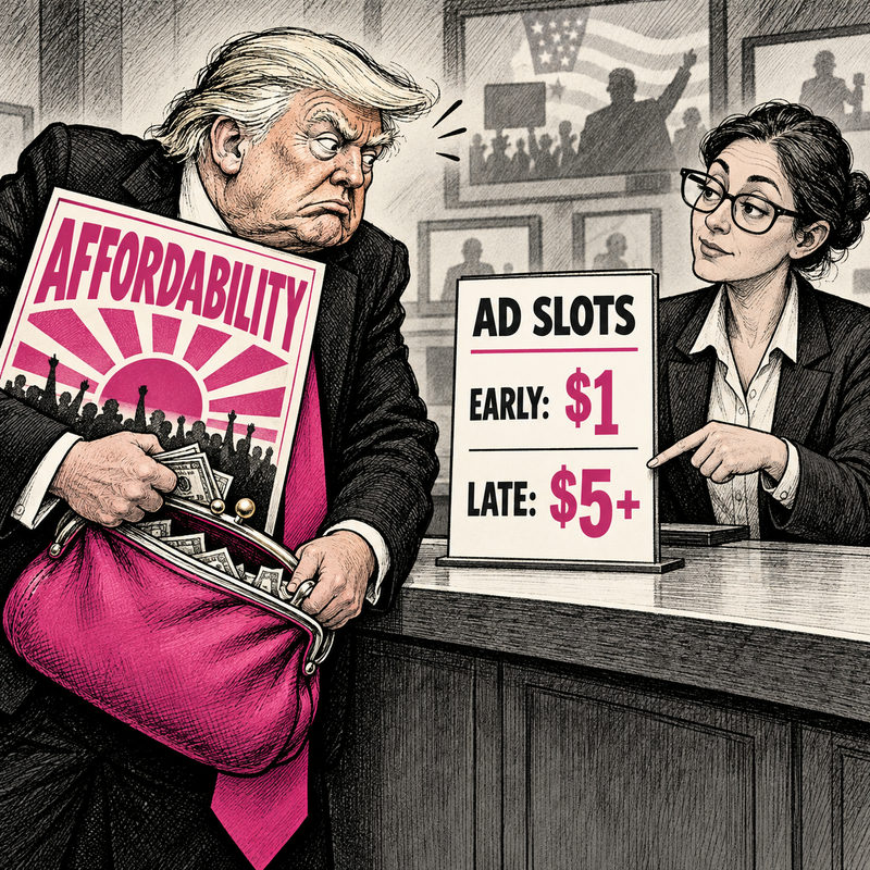 Democrawonk — Trump holds an AFFORDABILITY poster and pink purse beside a symbolic ad-slot rate card showing EARLY $1 and LATE $5+.