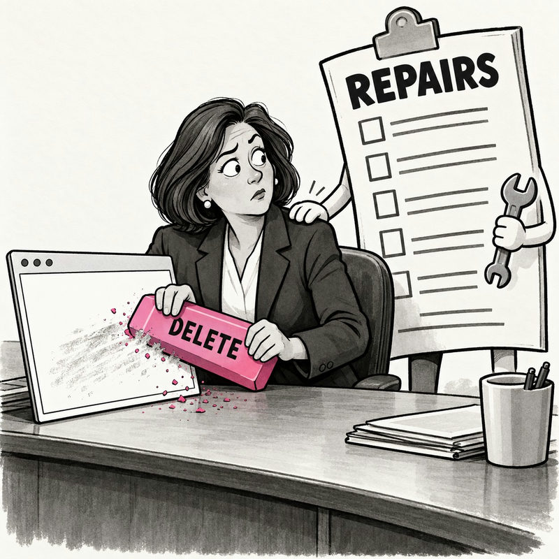 Democrawonk — A school-board candidate erases a blank social-media window while a Repairs checklist taps her shoulder.