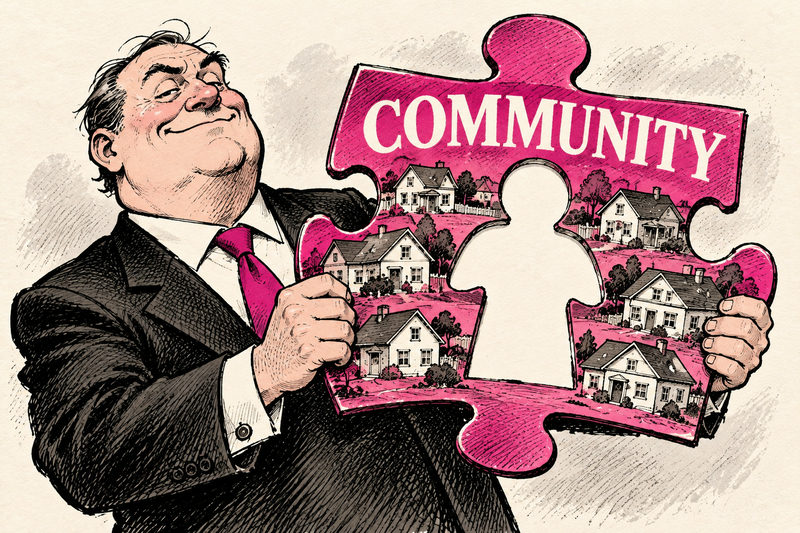 Fictional developer holds a COMMUNITY puzzle piece containing houses but with a person-shaped hole cut out.