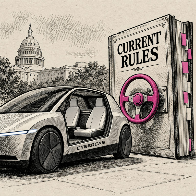 Democrawonk — A Cybercab with no steering wheel sits beside an oversized CURRENT RULES book that has a pink steering wheel attached to its cover.