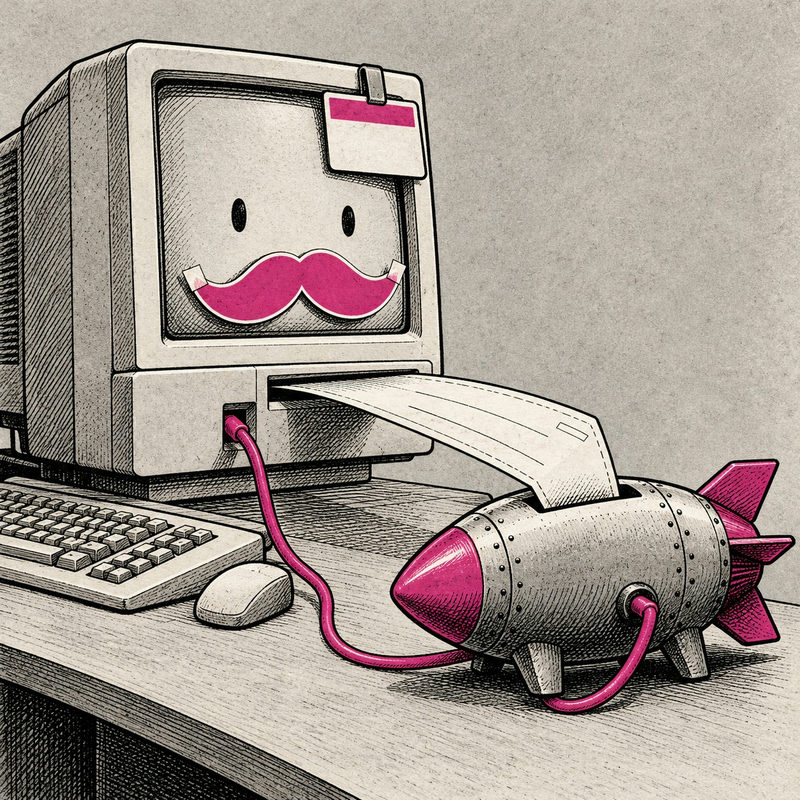 Democrawonk — A computer wearing a pink paper moustache feeds a payroll-like sheet into a missile-shaped bank.