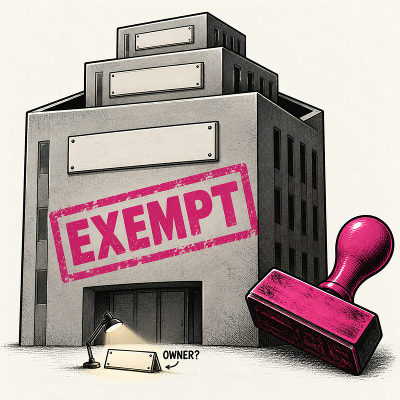 Democrawonk — Nested anonymous office buildings bear a pink EXEMPT stamp above a small blank ownership plate.