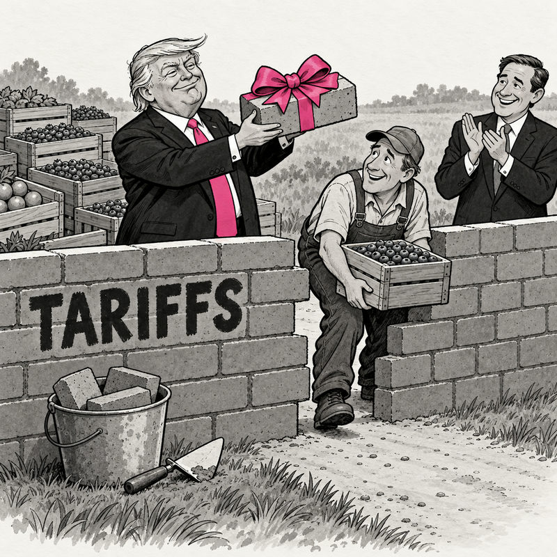 Democrawonk — Trump presents a gift-wrapped brick beside a tariff wall as a farmer carries blueberries through an opening.