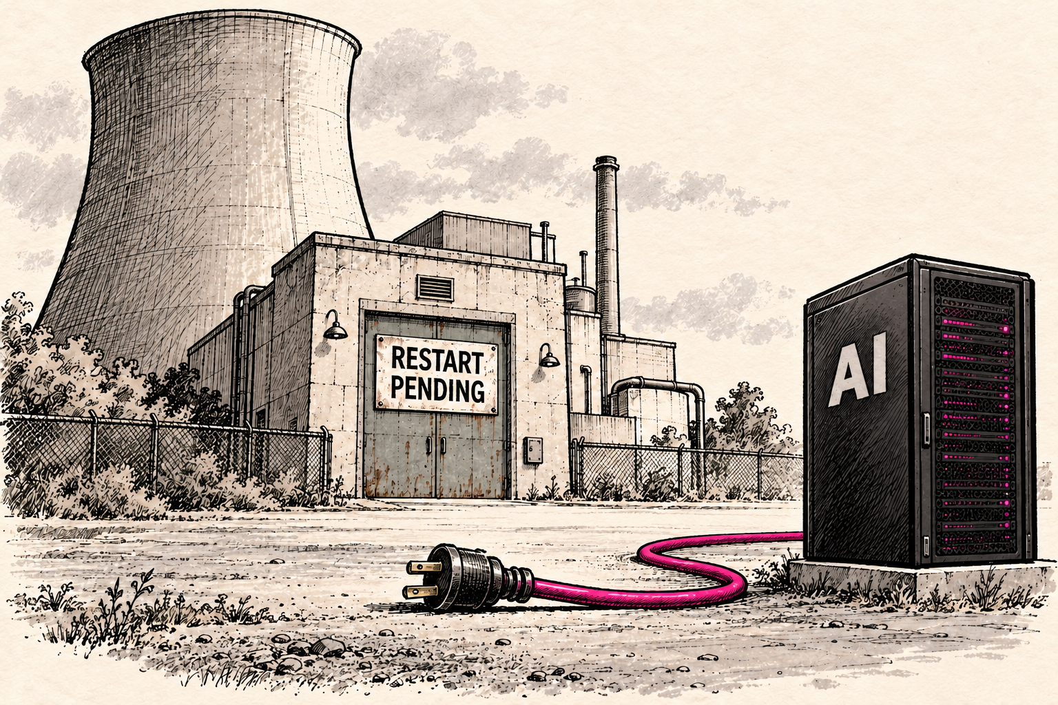 An AI server waits beside an idle nuclear power station marked Restart Pending, its magenta power cable lying unplugged on the ground.
