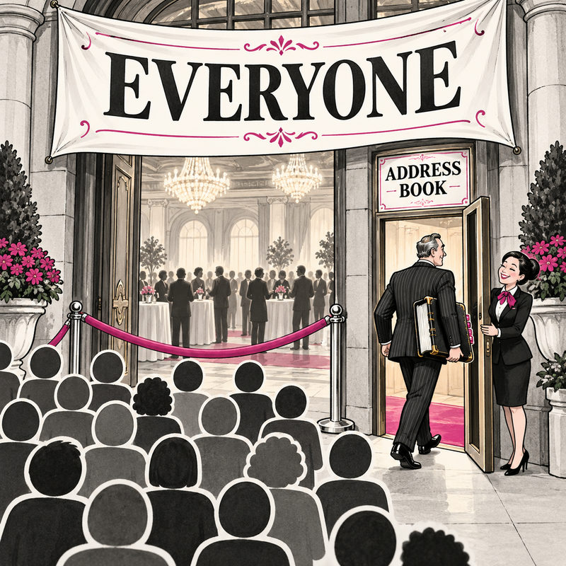 Editorial cartoon: beneath an EVERYONE banner, a pink rope blocks a crowd while an executive with a large address book enters a side door marked ADDRESS BOOK.
