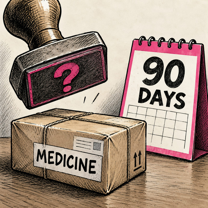 A large stamp with a pink question mark pauses above a parcel labeled Medicine beside a 90 Days calendar.