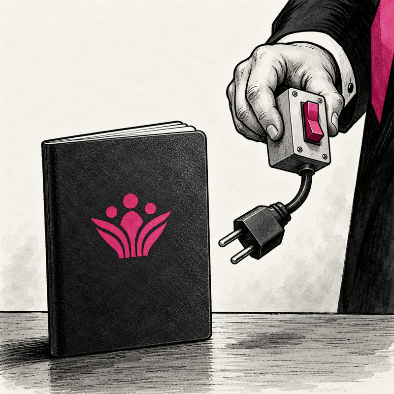 An oversized suited hand holds a pink toggle and disconnected plug beside a closed civic document with no socket.